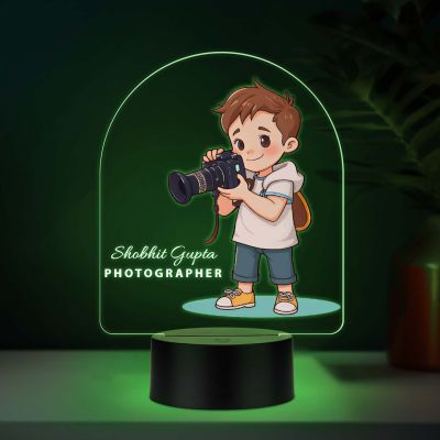 Personalized Photographer LED Night Light, Cartoon Boy with Camera Design, Color Changing Acrylic Lamp Gift for Photographer Boy Office & Home Decor Light
